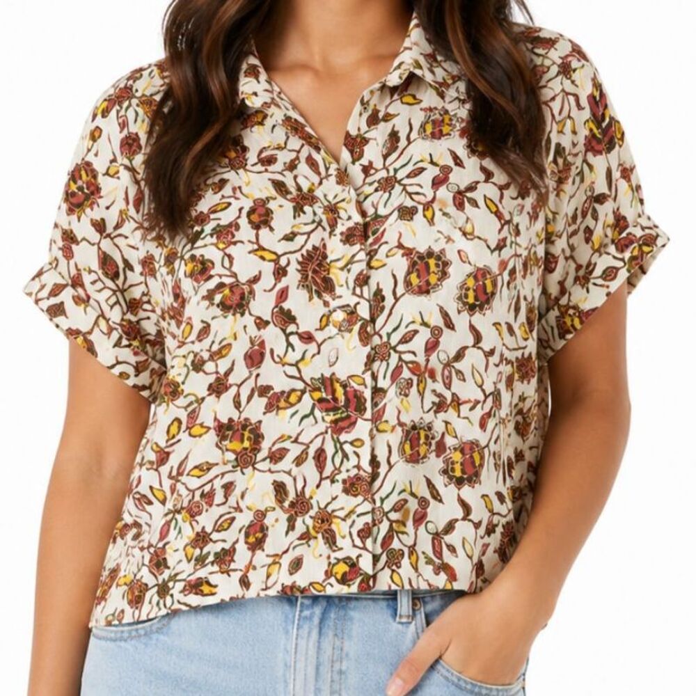 Rachel Zoe 100% Linen Floral Blouse Small Cream Botanical Print Short Sleeve Top